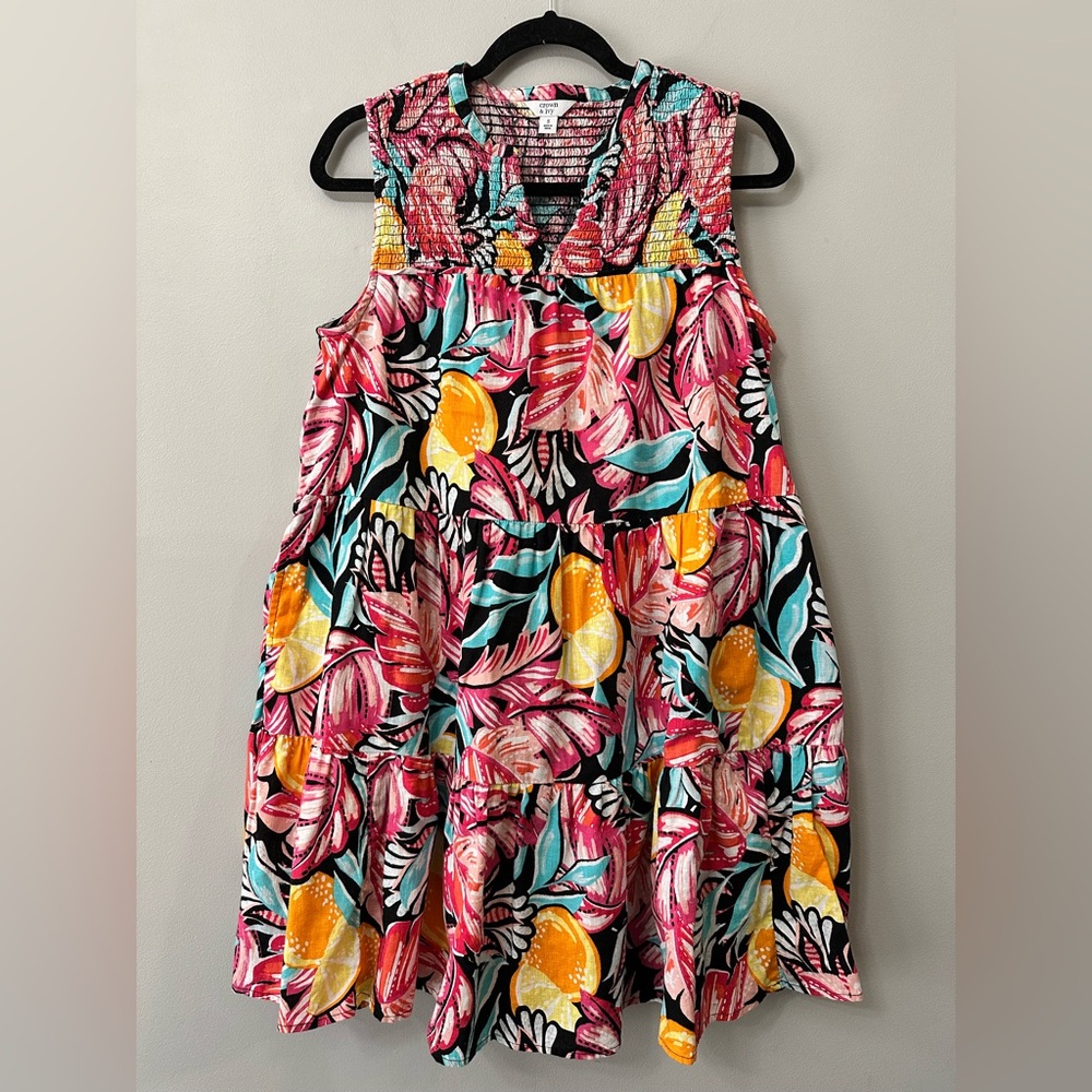 Crown & Ivy Floral Dress Citrus Linen Blend Smocked Peasant Tiered Mini Small